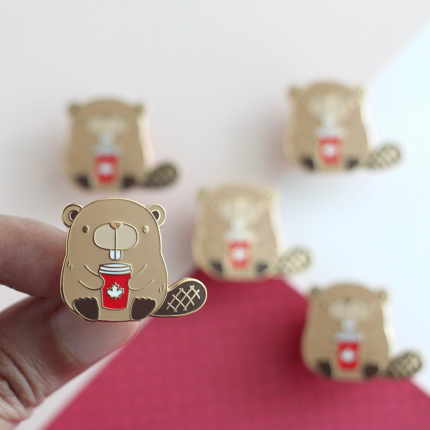 Beaver with Red Maple Leaf Coffee Cup Enamel Pin