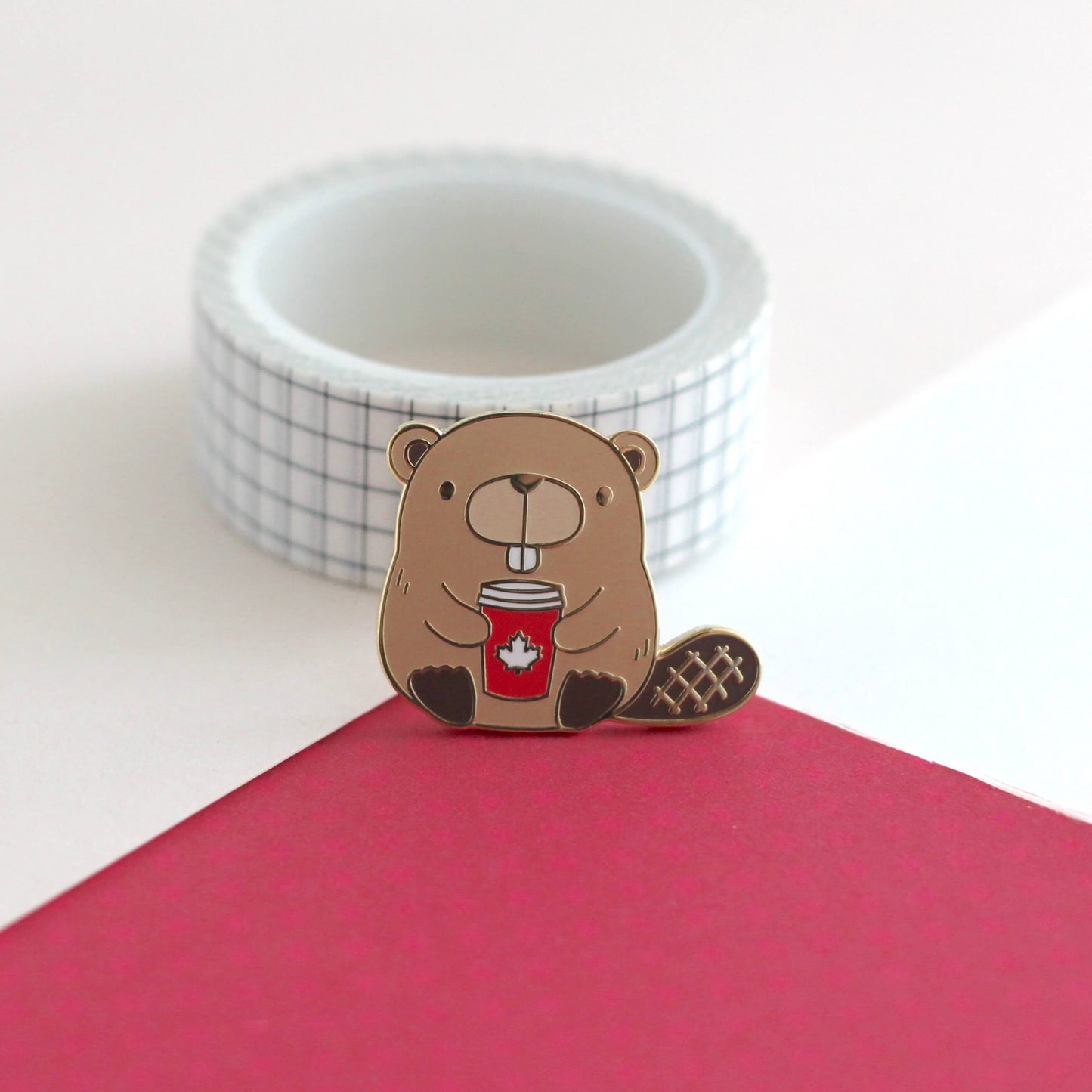 Beaver with Red Maple Leaf Coffee Cup Enamel Pin