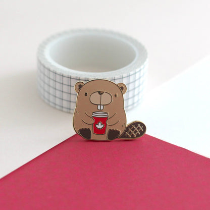 Beaver with Red Maple Leaf Coffee Cup Enamel Pin