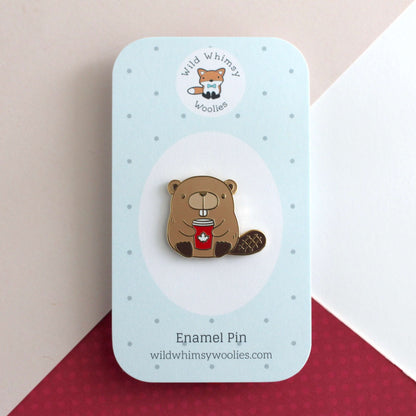 Beaver with Red Maple Leaf Coffee Cup Enamel Pin