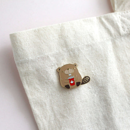 Beaver with Red Maple Leaf Coffee Cup Enamel Pin