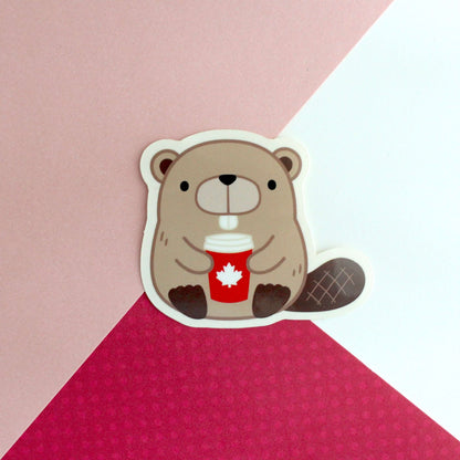 Beaver with Red Maple Leaf Coffee Cup Vinyl Sticker