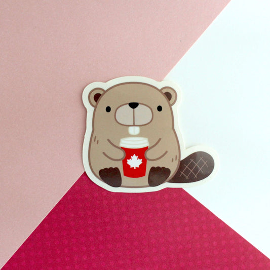 Beaver with Red Maple Leaf Coffee Cup Vinyl Sticker