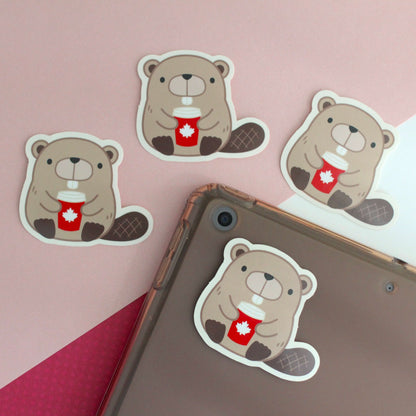 Beaver with Red Maple Leaf Coffee Cup Vinyl Sticker