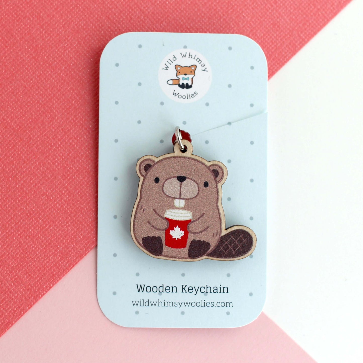 Beaver with Red Maple Leaf Coffee Cup Wooden Keychain