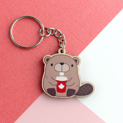 Beaver with Red Maple Leaf Coffee Cup Wooden Keychain