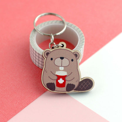 Beaver with Red Maple Leaf Coffee Cup Wooden Keychain