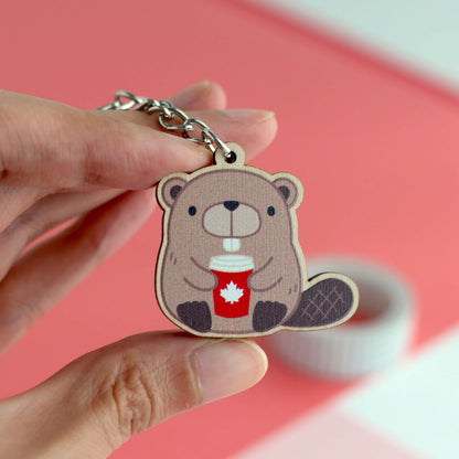 Beaver with Red Maple Leaf Coffee Cup Wooden Keychain