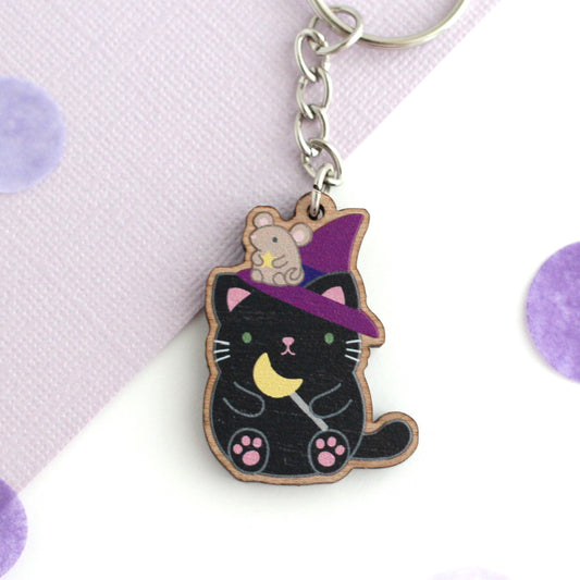 Black Cat Wooden Keychain. Halloween Cat Witch Wood Charm
