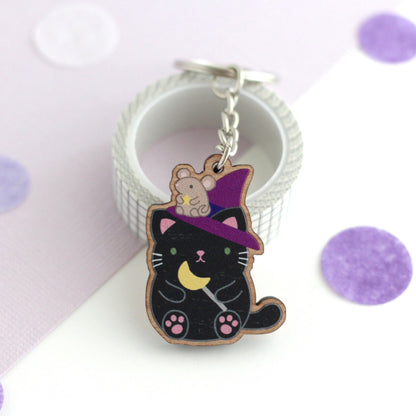 Black Cat Wooden Keychain. Halloween Cat Witch Wood Charm