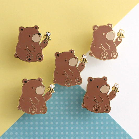 Brown Bear and Bee Enamel Pin