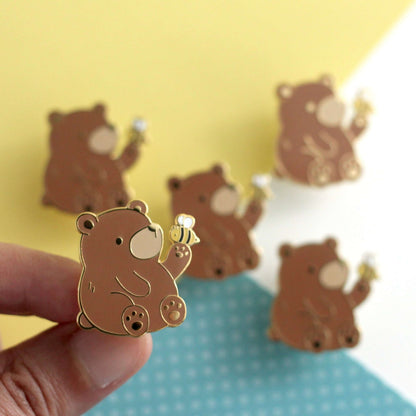 Brown Bear and Bee Enamel Pin