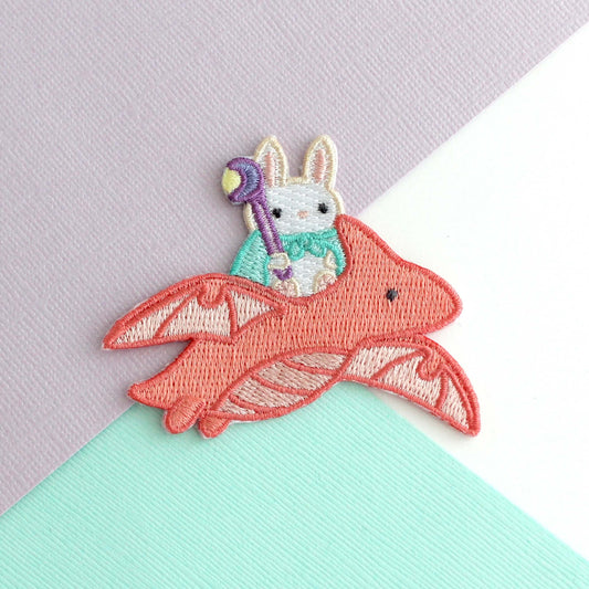Bunny Riding Dragon Embroidered Iron-On Patch