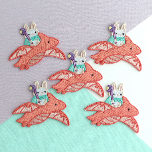 Bunny Riding Dragon Embroidered Iron-On Patch