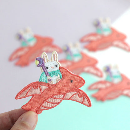Bunny Riding Dragon Embroidered Iron-On Patch