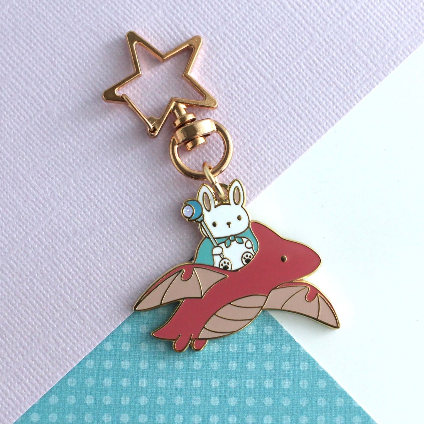Bunny Mage and Dragon Enamel Keychain (Red Dragon Variant)