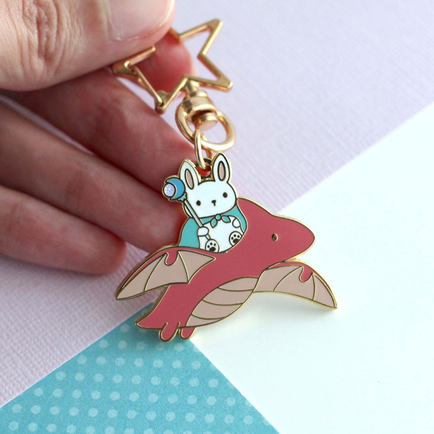 Bunny Mage and Dragon Enamel Keychain (Red Dragon Variant)