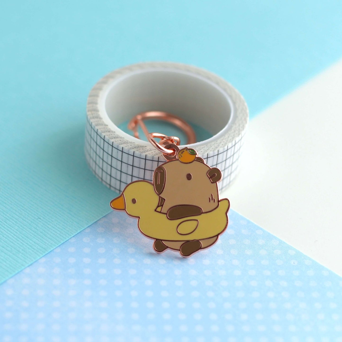 Capybara in Duck Floatie Enamel Keychain
