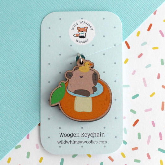 Capybara in an Orange Bath Wooden Keychain