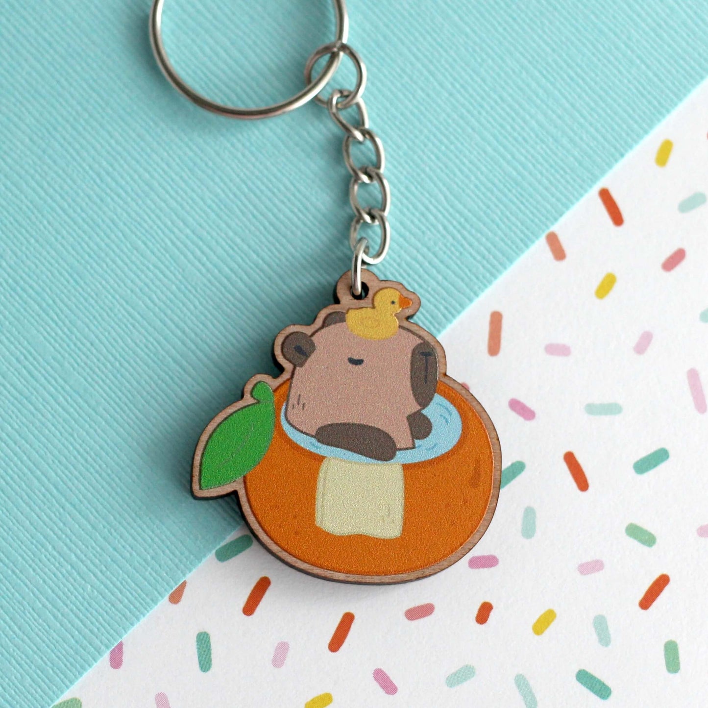 Capybara in an Orange Bath Wooden Keychain