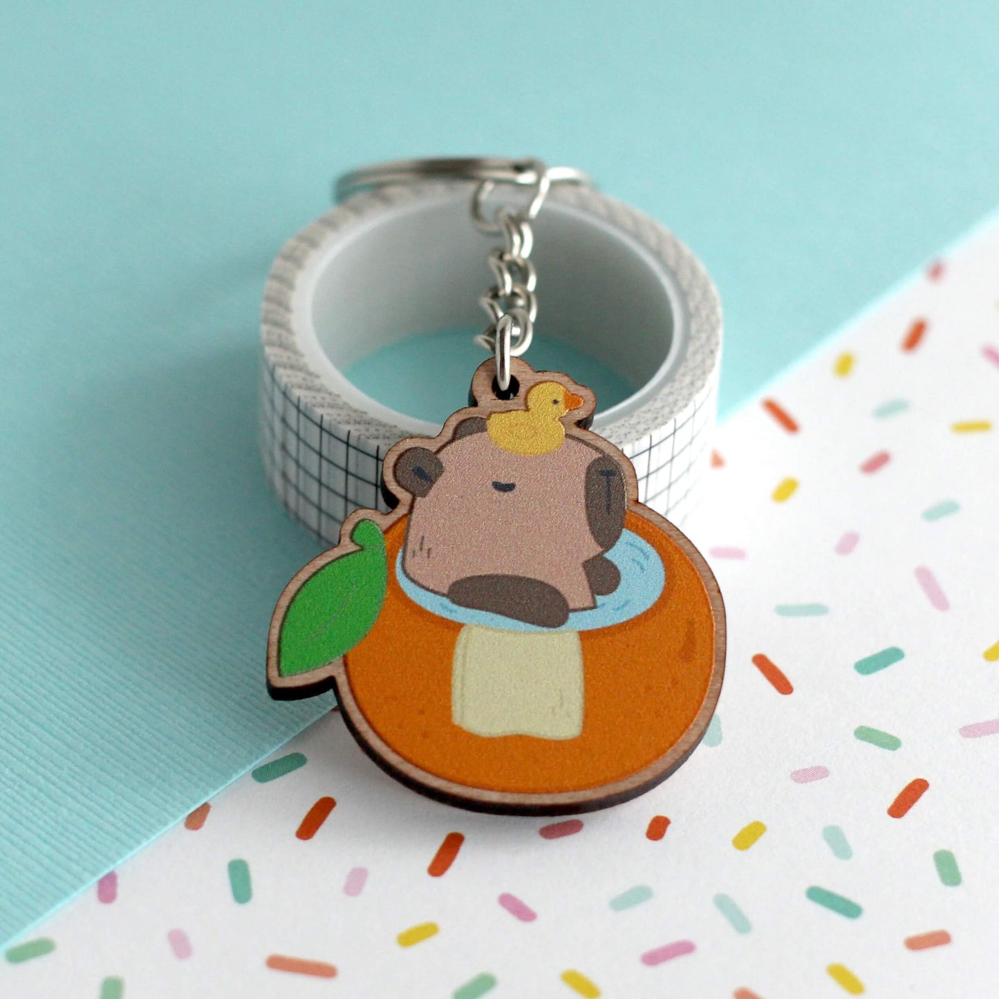Capybara in an Orange Bath Wooden Keychain