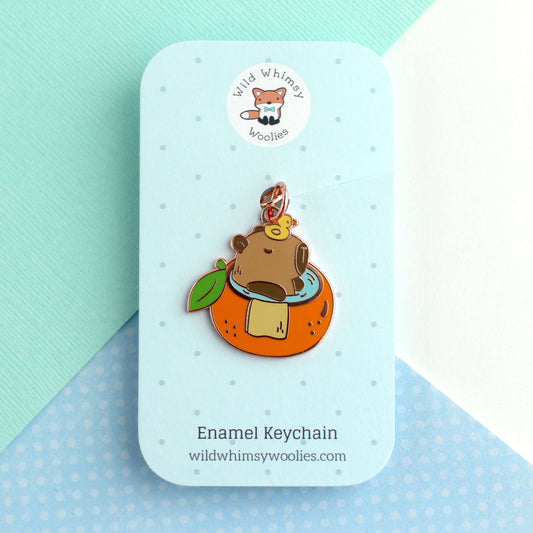 Capybara in Orange Bathtub Enamel Keychain
