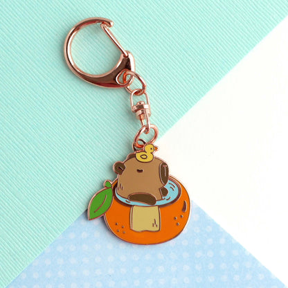 Capybara in Orange Bathtub Enamel Keychain