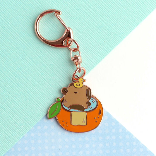 Capybara in Orange Bathtub Enamel Keychain