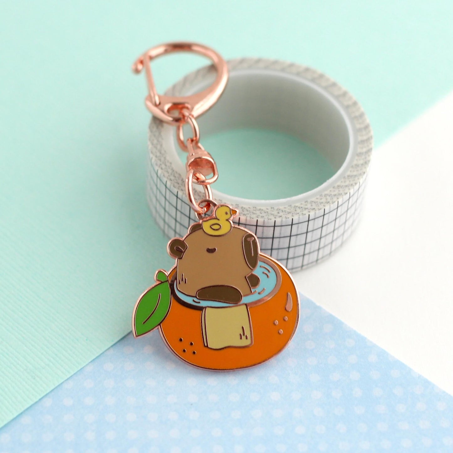 Capybara in Orange Bathtub Enamel Keychain
