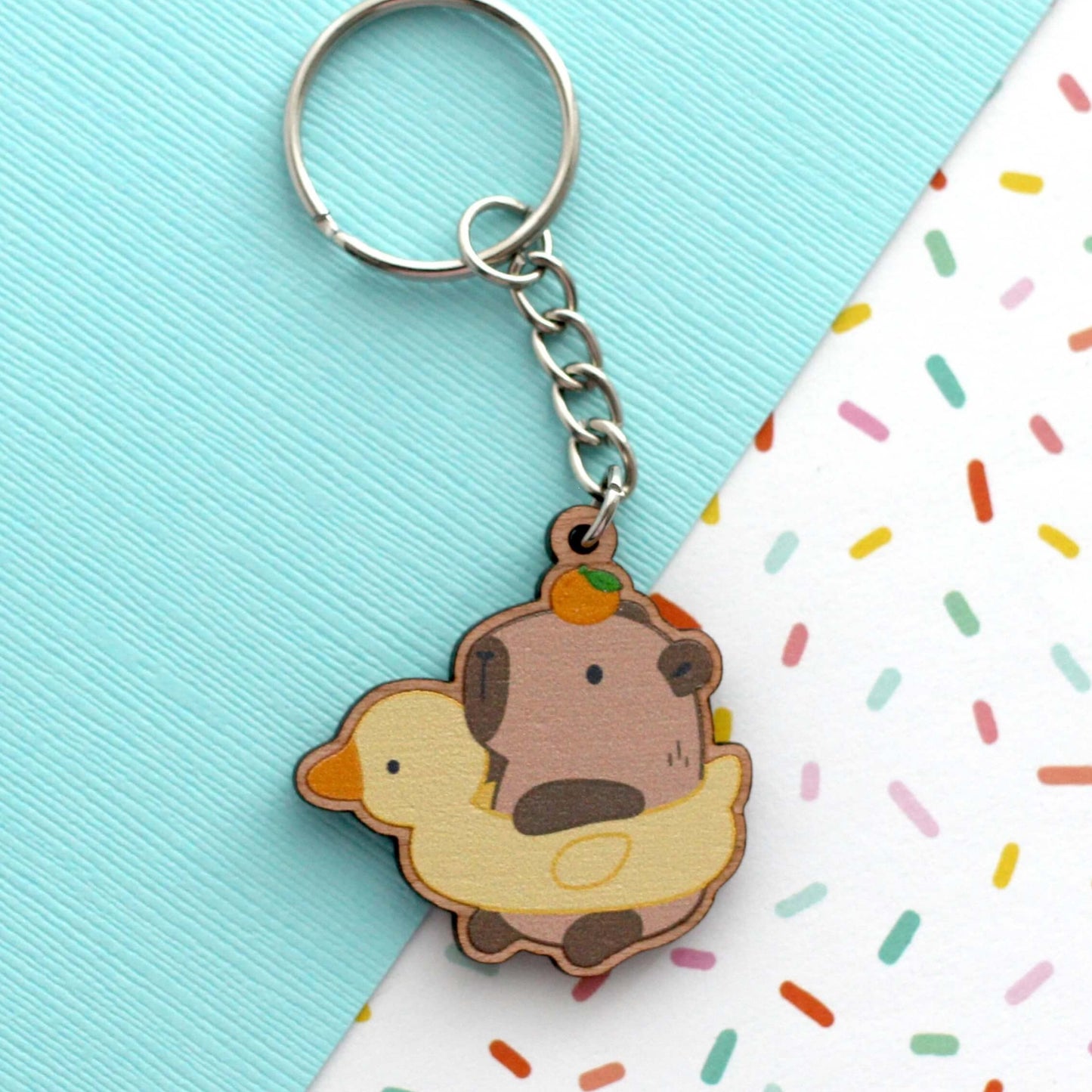 Capybara with Duck Floatie Wooden Keychain - Capybara Wood Charm