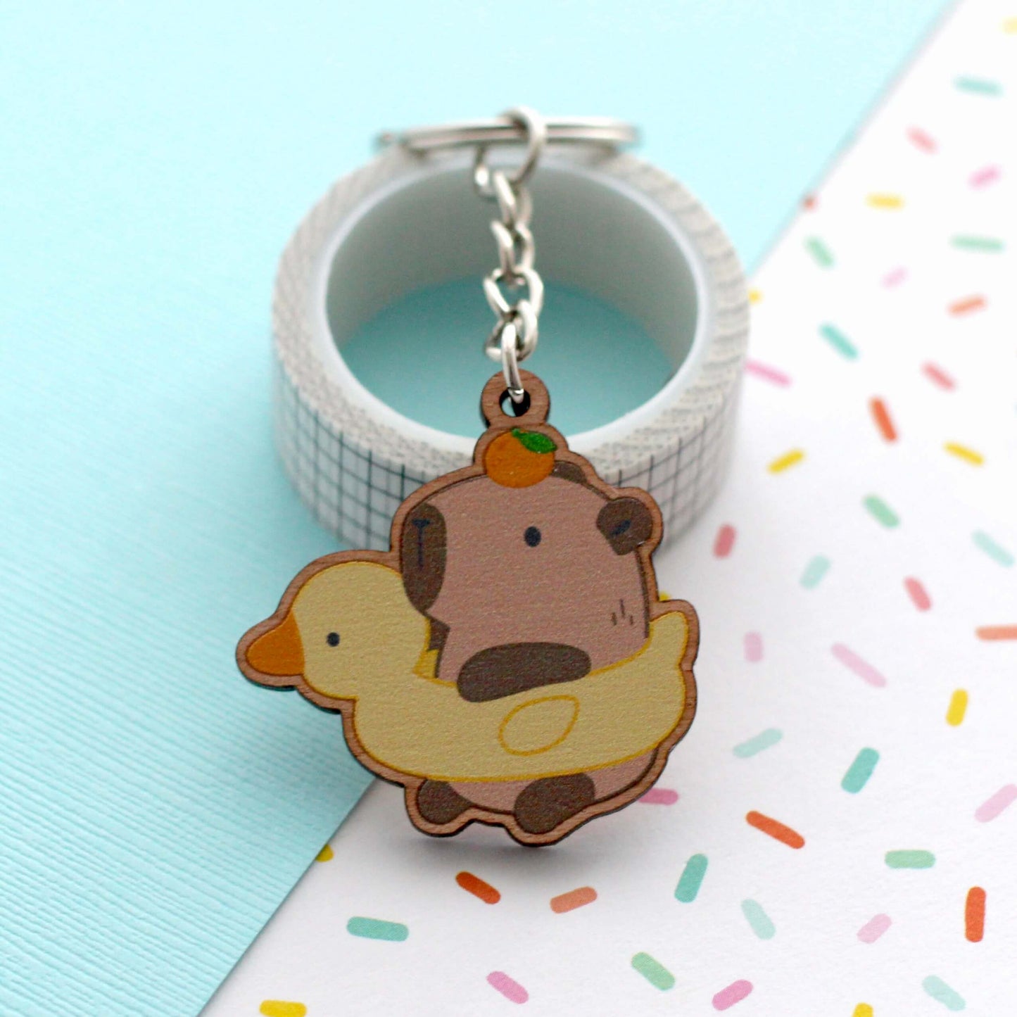 Capybara with Duck Floatie Wooden Keychain - Capybara Wood Charm