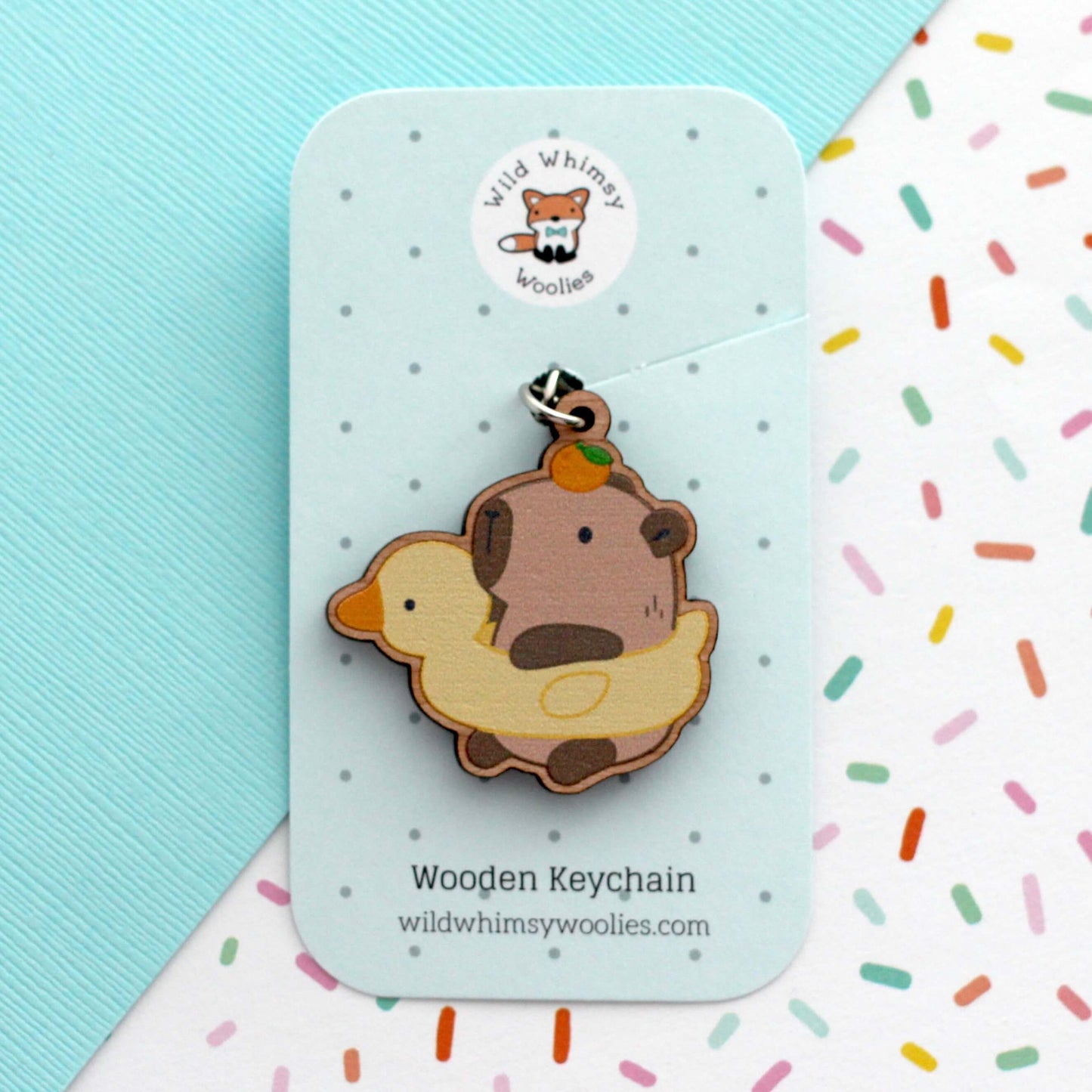 Capybara with Duck Floatie Wooden Keychain - Capybara Wood Charm