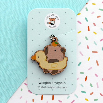 Capybara with Duck Floatie Wooden Keychain - Capybara Wood Charm