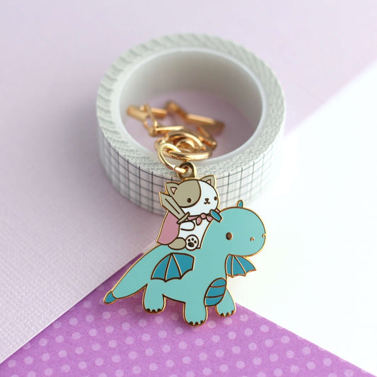 Cat and Dragon Knight Enamel Keychain (Blue)