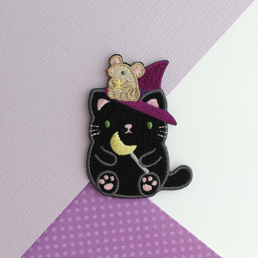 Witch Black Cat w Mouse Familiar Embroidered Patch