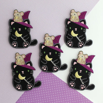 Witch Black Cat w Mouse Familiar Embroidered Patch