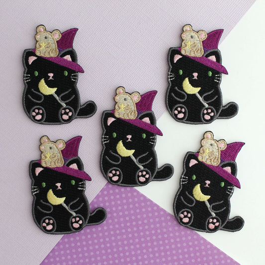 Witch Black Cat w Mouse Familiar Embroidered Patch