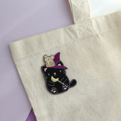 Witch Black Cat w Mouse Familiar Embroidered Patch