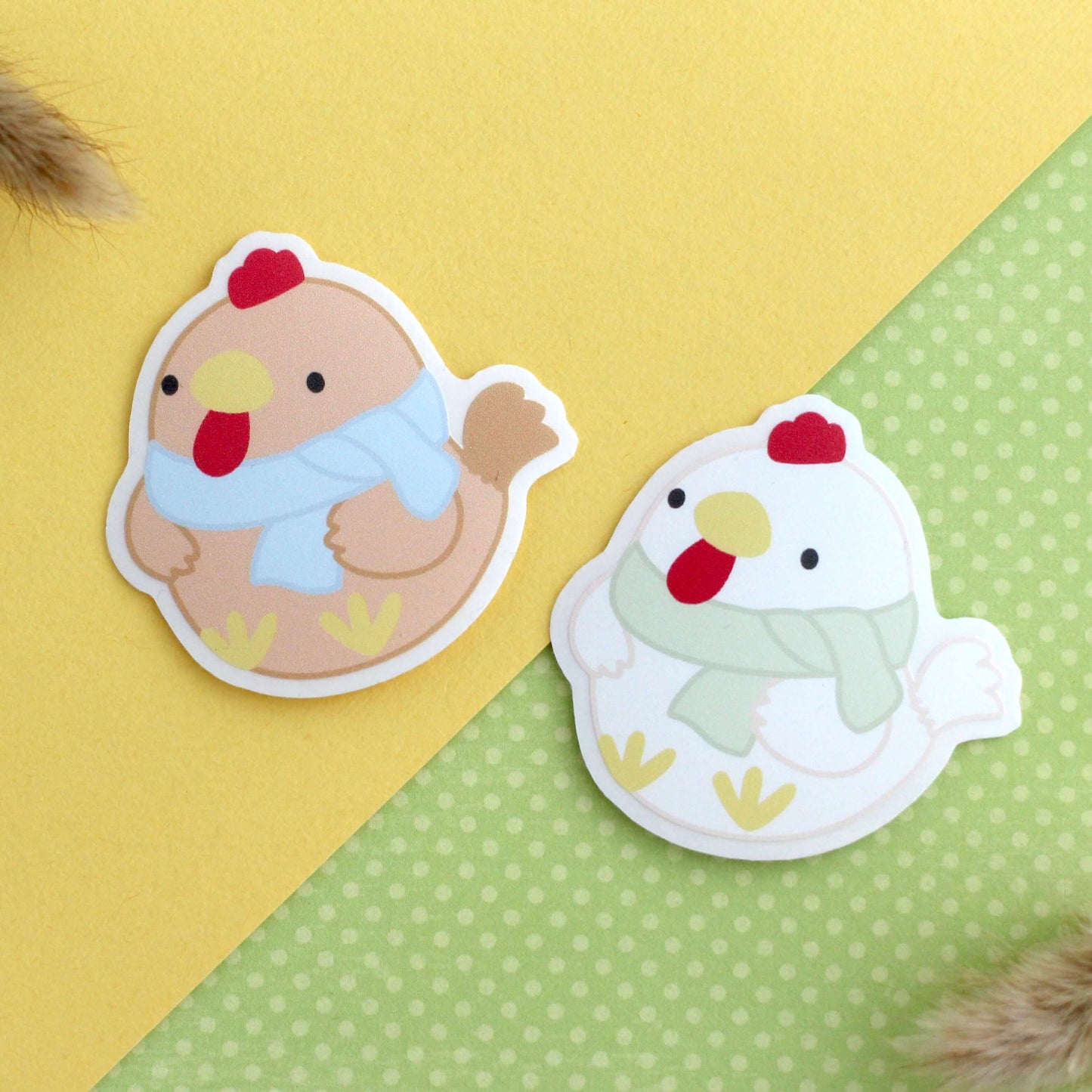 Cozy Brown and White Chicken Clear Vinyl Sticker Duo