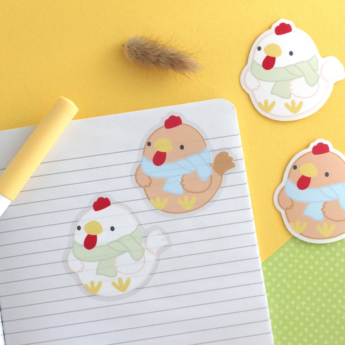 Cozy Brown and White Chicken Clear Vinyl Sticker Duo