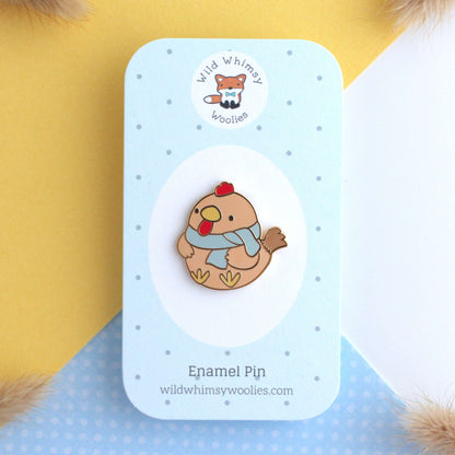 Cozy Brown Chicken with Scarf Enamel Pin