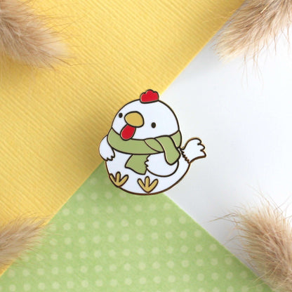 Cozy White Chicken with Scarf Enamel Pin