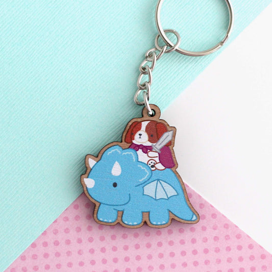 Cavalier King Charles Spaniel Dog Riding Dragon Wooden Keychain