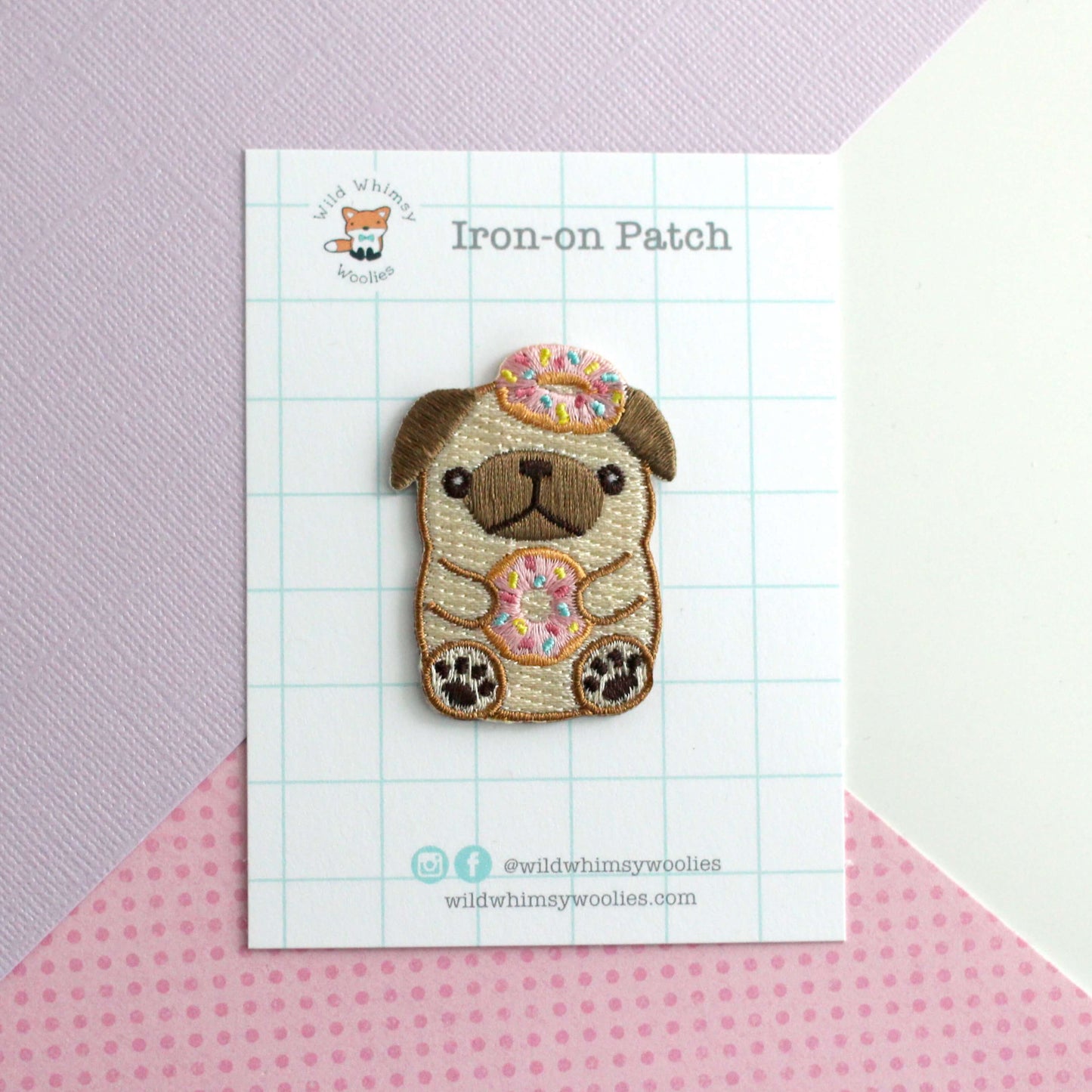 Donut Pug Embroidered Patch. Dog Iron on Patch