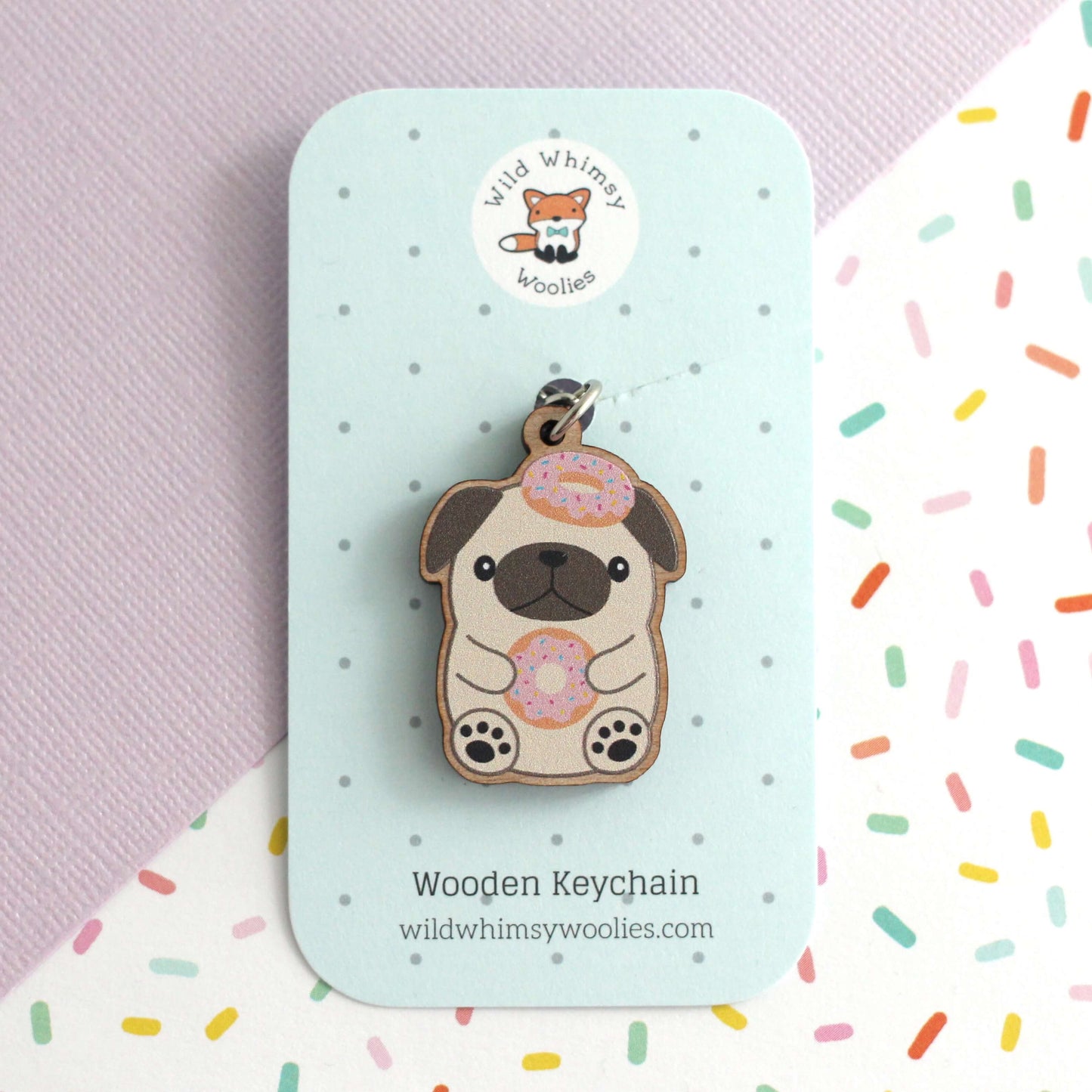 Donut Loving Pug Wooden Keychain