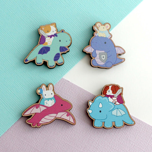 Dragon Knights Wooden Magnet Set - w Cat, Dog, Bunny and Mouse Knights