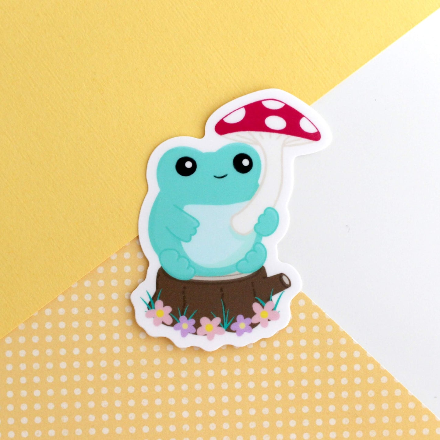 Frog with Mushroom Umbrella Vinyl Sticker - Cottagecore Frog Stationery: White vinyl