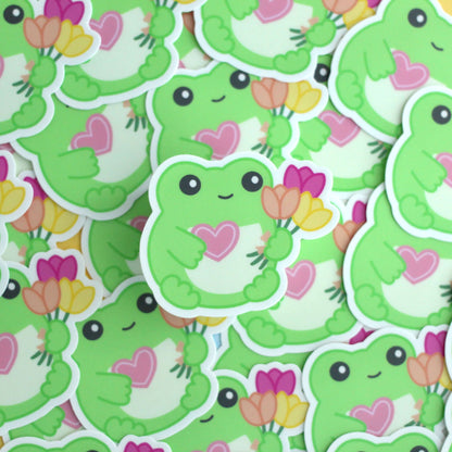 Frog holding Flowers and a Heart Vinyl Sticker