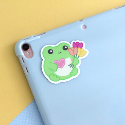 Frog holding Flowers and a Heart Vinyl Sticker
