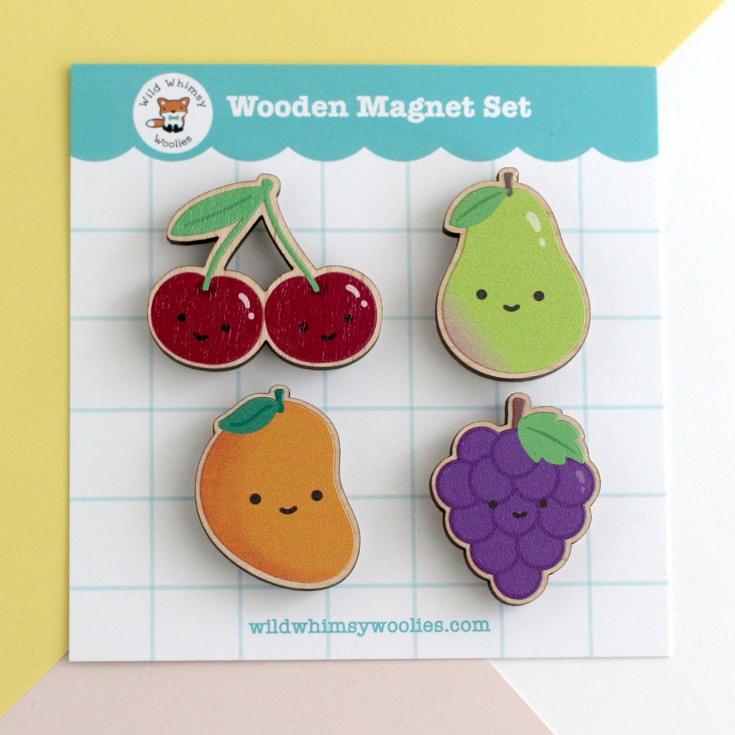 Rainbow Fruit Wooden Magnet Set - w Cherries, Pear, Mango and Grapes